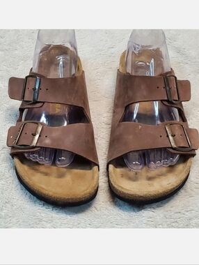 Real Natura Brown Leather Double Strap Casual Shoes Sandals Unisex Men‎ Women 39